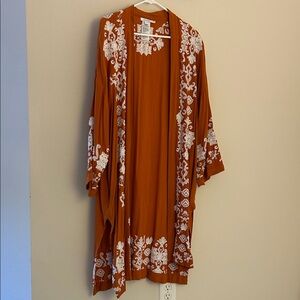 Chico's Orange Kimono with White Embroidery